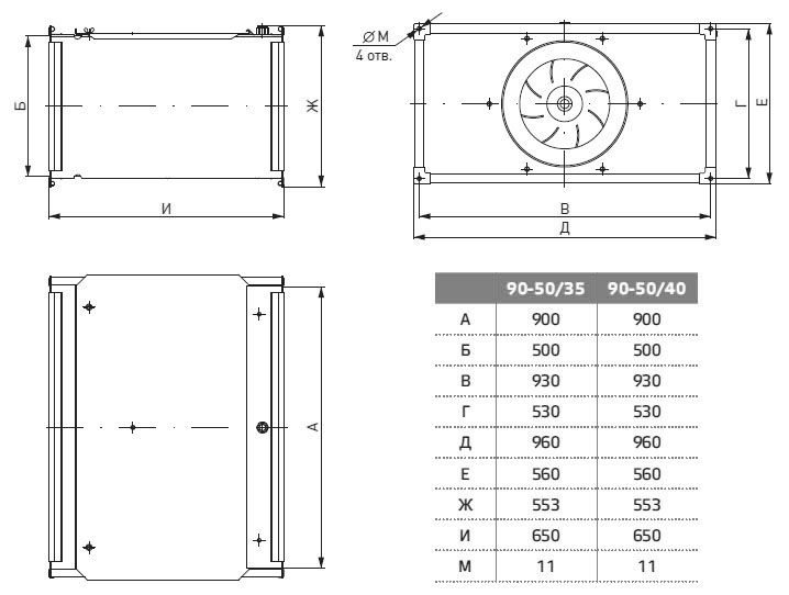 Размеры вентилятора WNP 90-50/40-4D